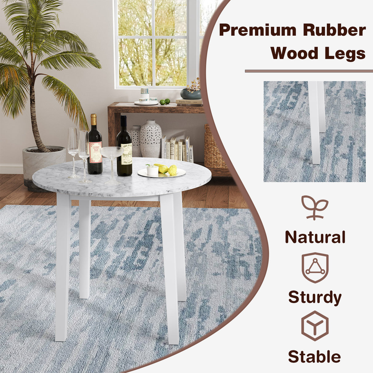 35 Inch Round Dining Table with Rubber Wood Legs and Marble-textured Veneer Tabletop
