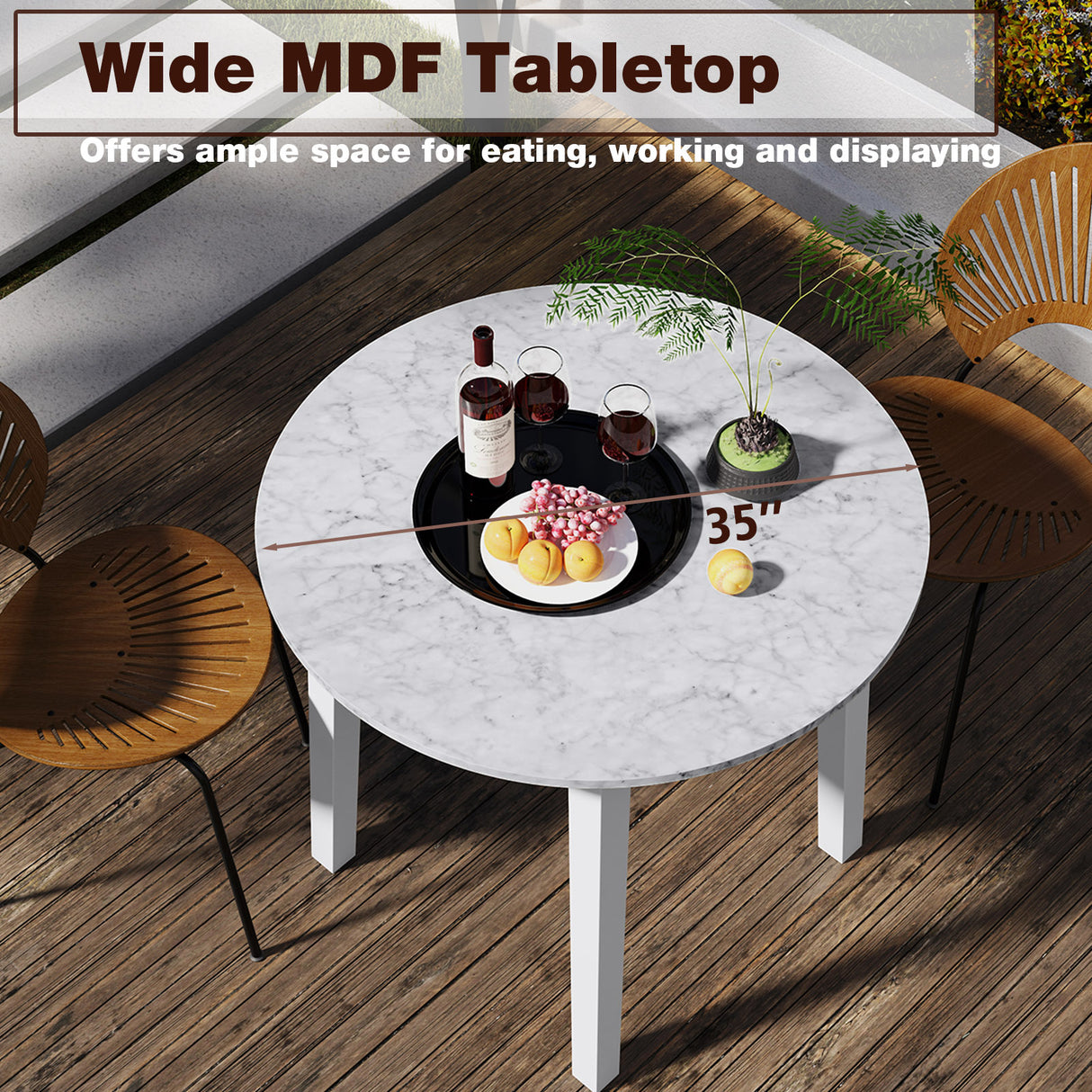 35 Inch Round Dining Table with Rubber Wood Legs and Marble-textured Veneer Tabletop