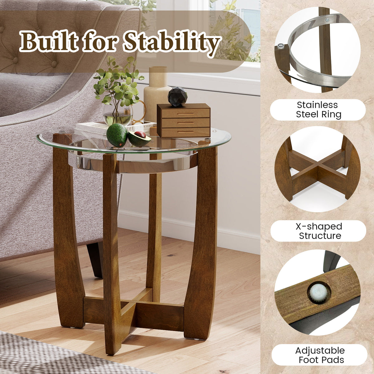 Round Side Table with Tempered Glass Top and Solid Rubber Wood Base