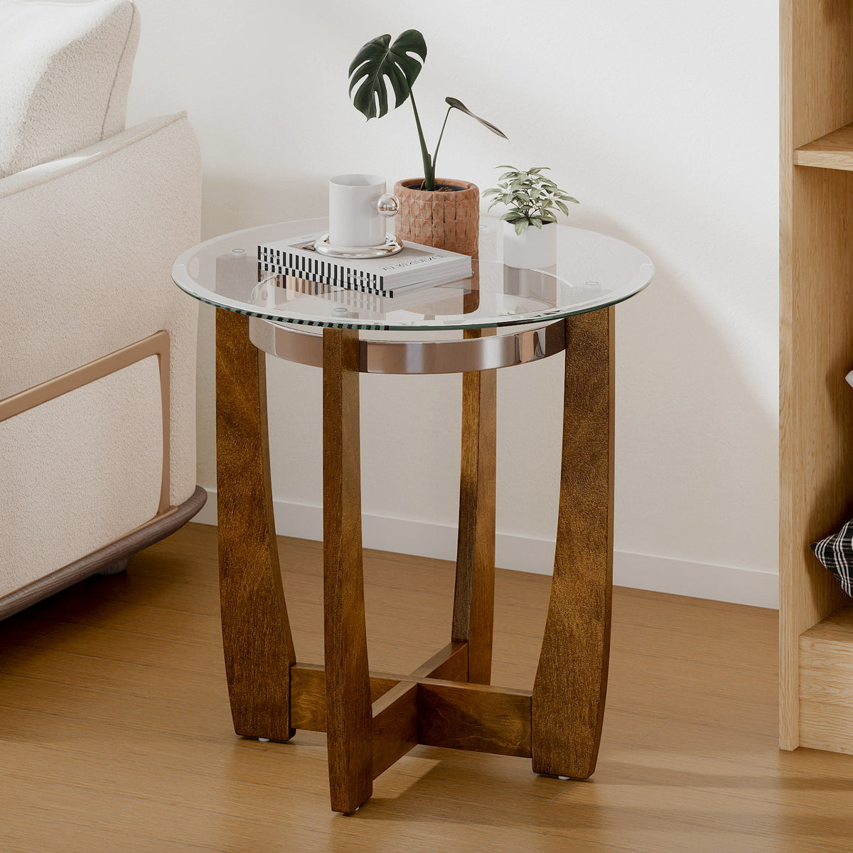 Round Side Table with Tempered Glass Top and Solid Rubber Wood Base