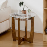 Round Side Table with Tempered Glass Top and Solid Rubber Wood Base