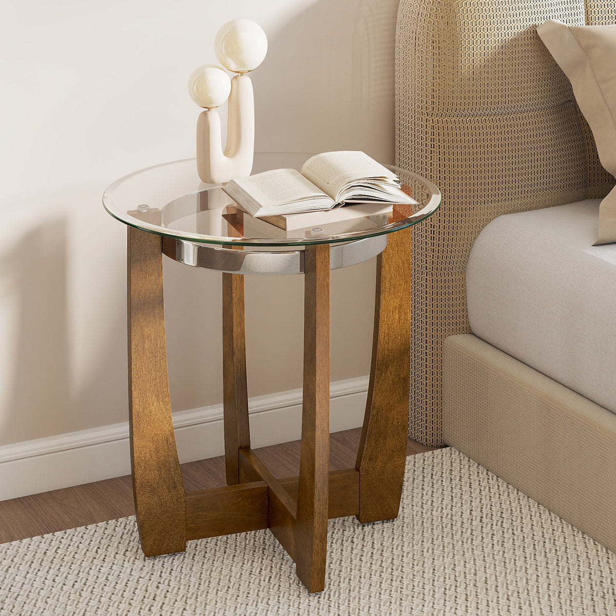Round Side Table with Tempered Glass Top and Solid Rubber Wood Base
