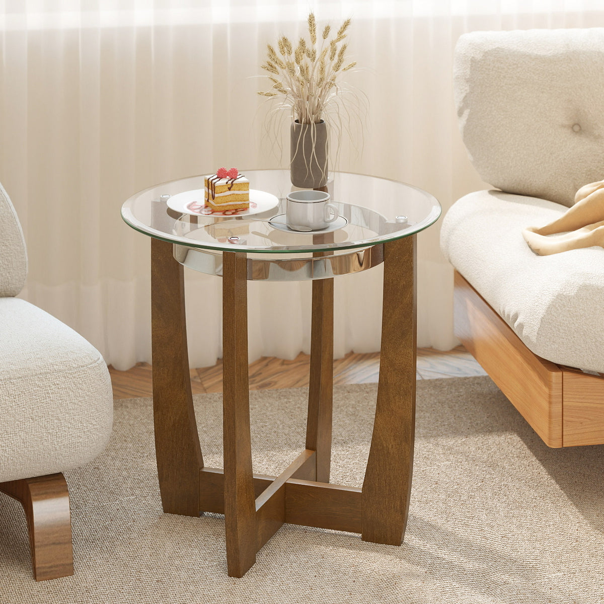 Round Side Table with Tempered Glass Top and Solid Rubber Wood Base