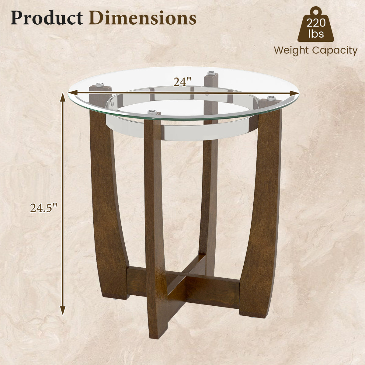 Round Side Table with Tempered Glass Top and Solid Rubber Wood Base