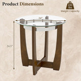 Round Side Table with Tempered Glass Top and Solid Rubber Wood Base