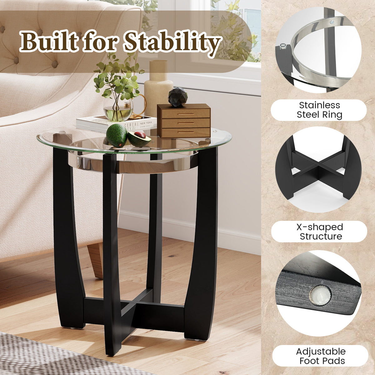Round Side Table with Tempered Glass Top and Solid Rubber Wood Base