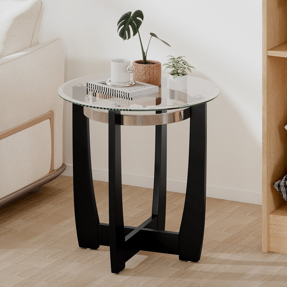 Round Side Table with Tempered Glass Top and Solid Rubber Wood Base