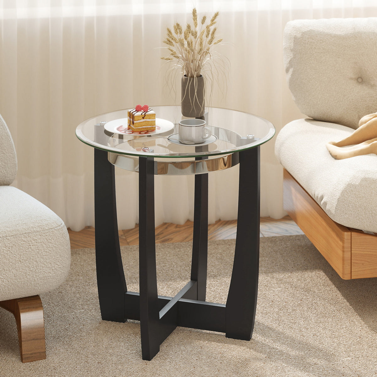 Round Side Table with Tempered Glass Top and Solid Rubber Wood Base