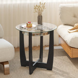 Round Side Table with Tempered Glass Top and Solid Rubber Wood Base