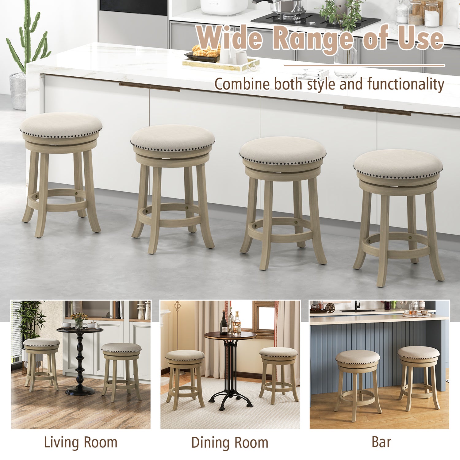 24/26 Inches Swivel Bar Stools Set of 2 wth Wooden Frame
