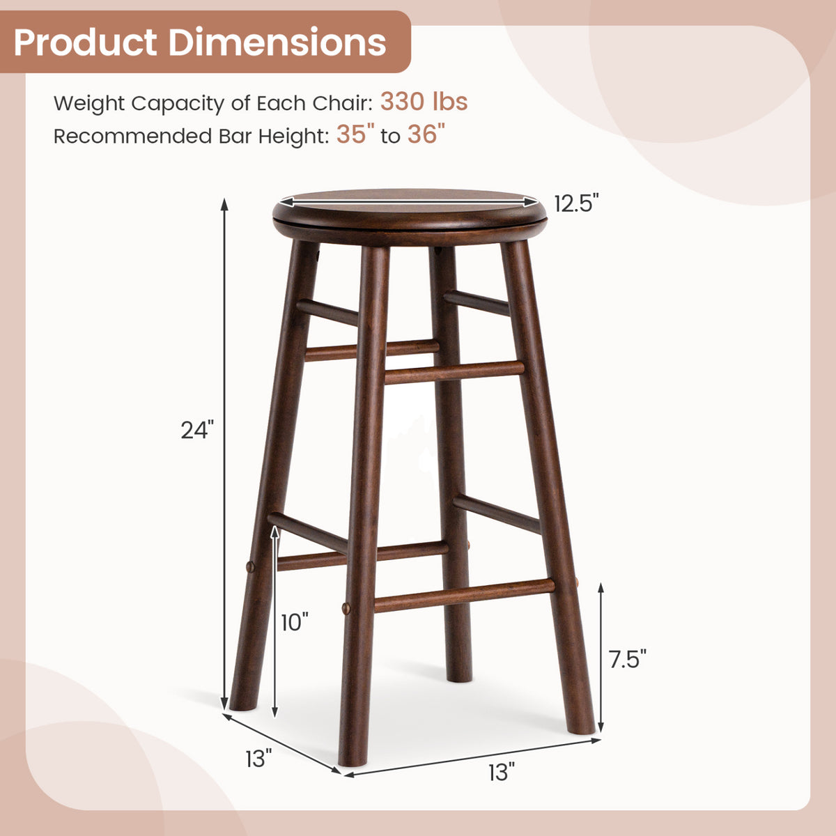 24" Swivel Bar Stools Set of 2 with Footrests & Crossbars