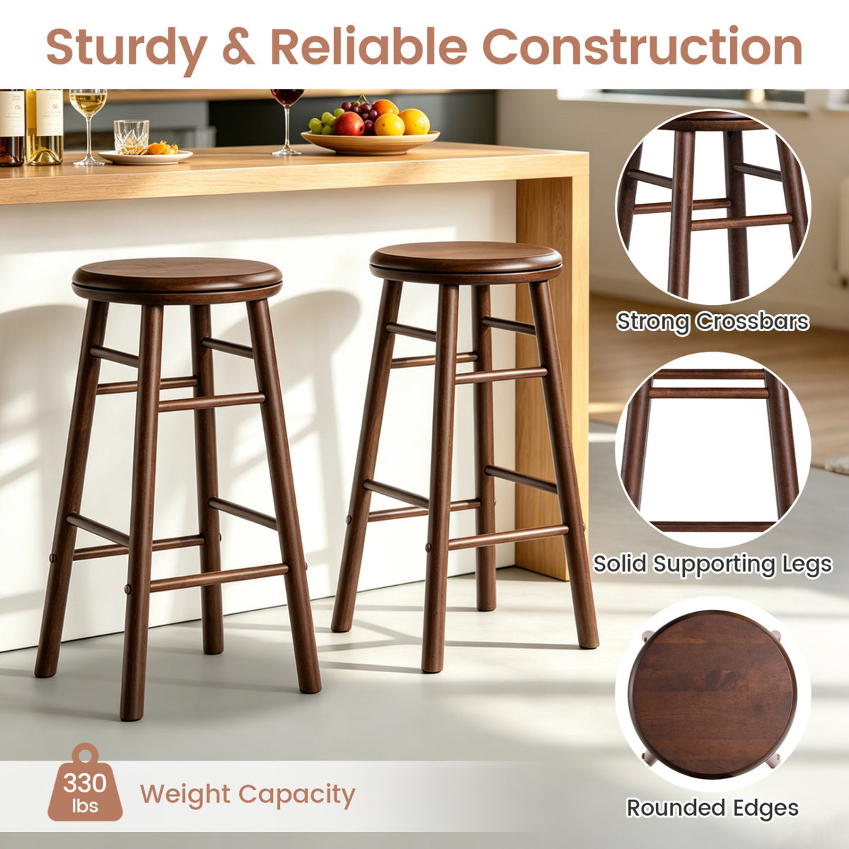 24" Swivel Bar Stools Set of 2 with Footrests & Crossbars