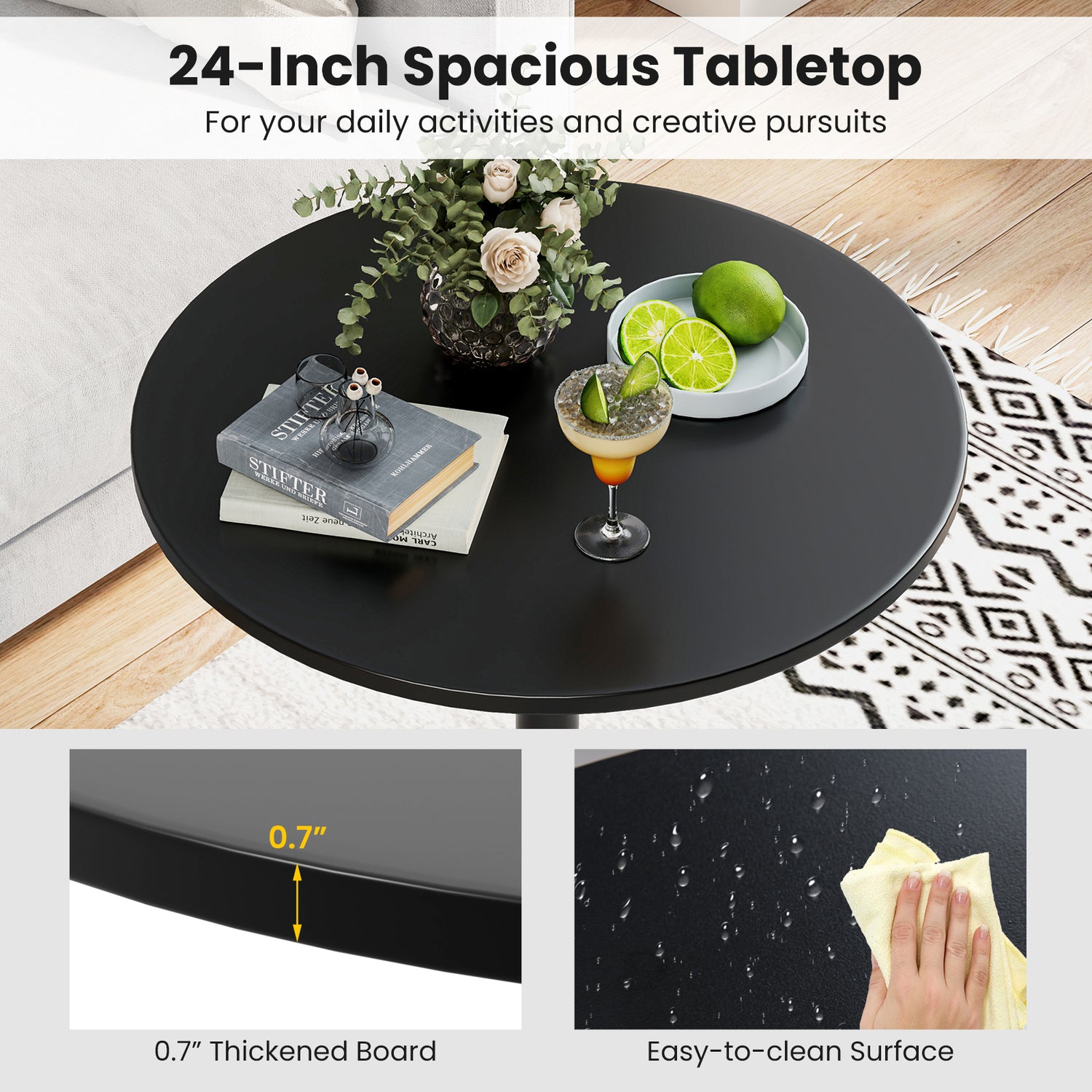 24 Inch Modern Style Round Cocktail Table with Metal Base and MDF Top
