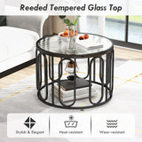 24 Inch Round Coffee Table with Reeded Tempered Glass Top and Oval Swivel Brackets-Black
