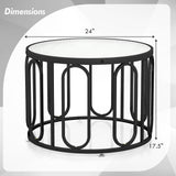 24 Inch Round Coffee Table with Reeded Tempered Glass Top and Oval Swivel Brackets-Black