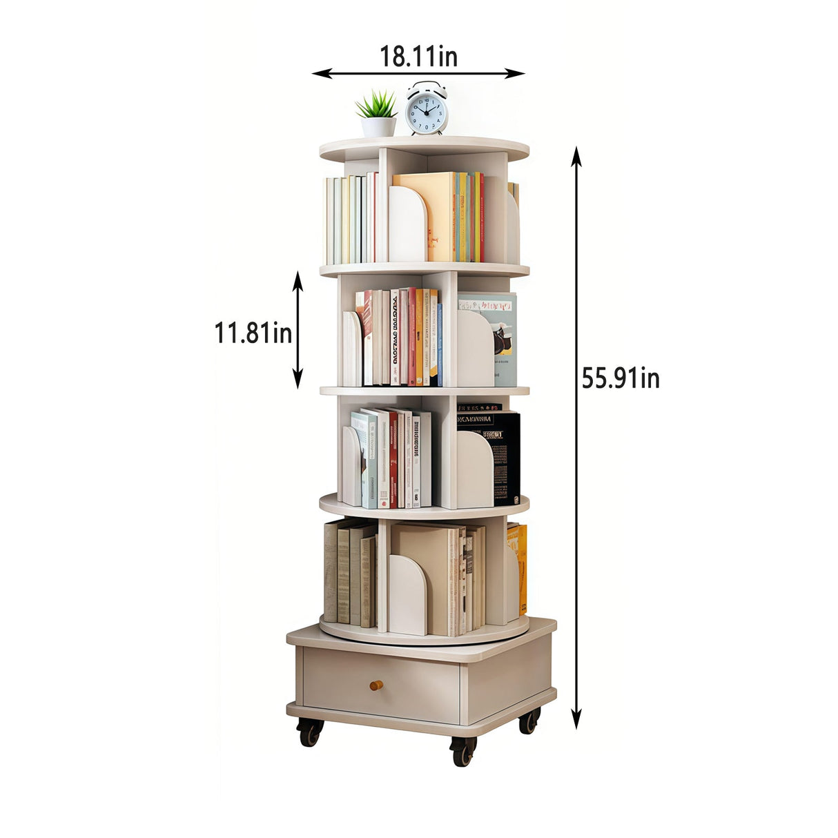 5 Tier Rotating Bookshelf with Wheels and Drawer, 360° Spinning Design, Space Saving Storage, for Home and Office, White MDF
