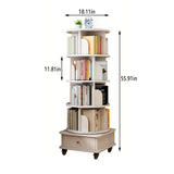 5 Tier Rotating Bookshelf with Wheels and Drawer, 360° Spinning Design, Space Saving Storage, for Home and Office, White MDF