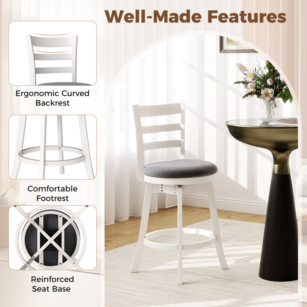 25"/30.5" Swivel Barstools Set of 2 360Â° Rotating Bar/Counter Height Chairs with Upholstered Seat-30.5/Seat-25 Inch