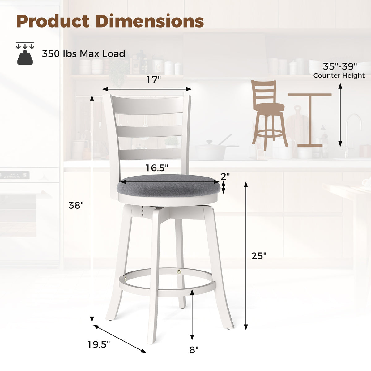 25"/30.5" Swivel Barstools Set of 2 360Â° Rotating Bar/Counter Height Chairs with Upholstered Seat-30.5/Seat-25 Inch