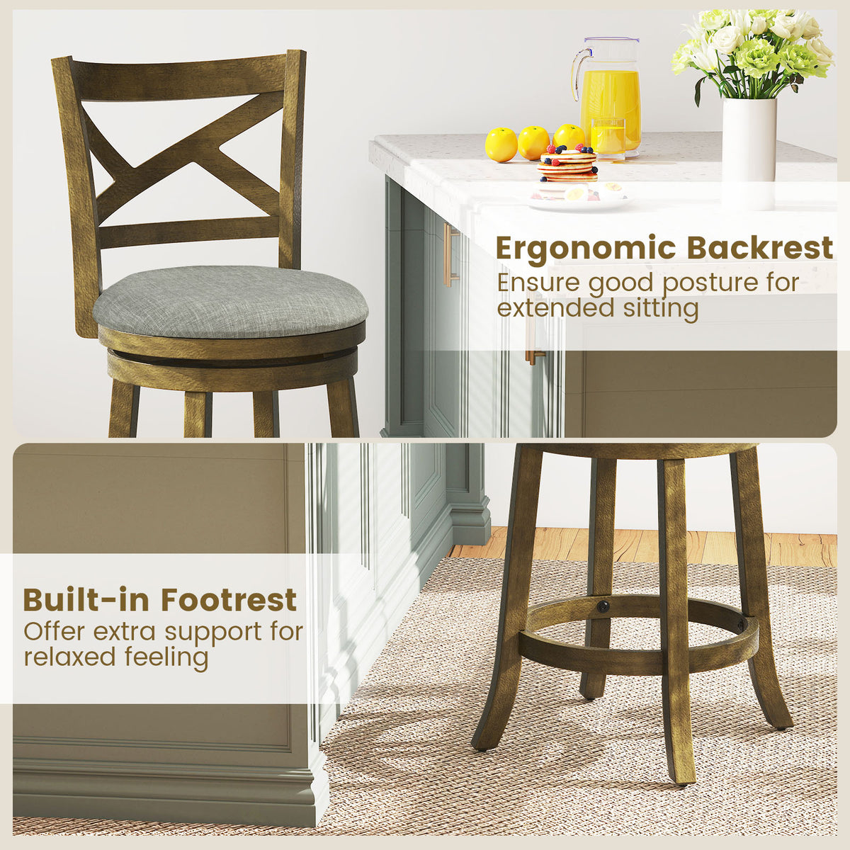 Swivel Bar Stools Set of 2 with Backrests and Wood Frame-25/Frame-30 inches