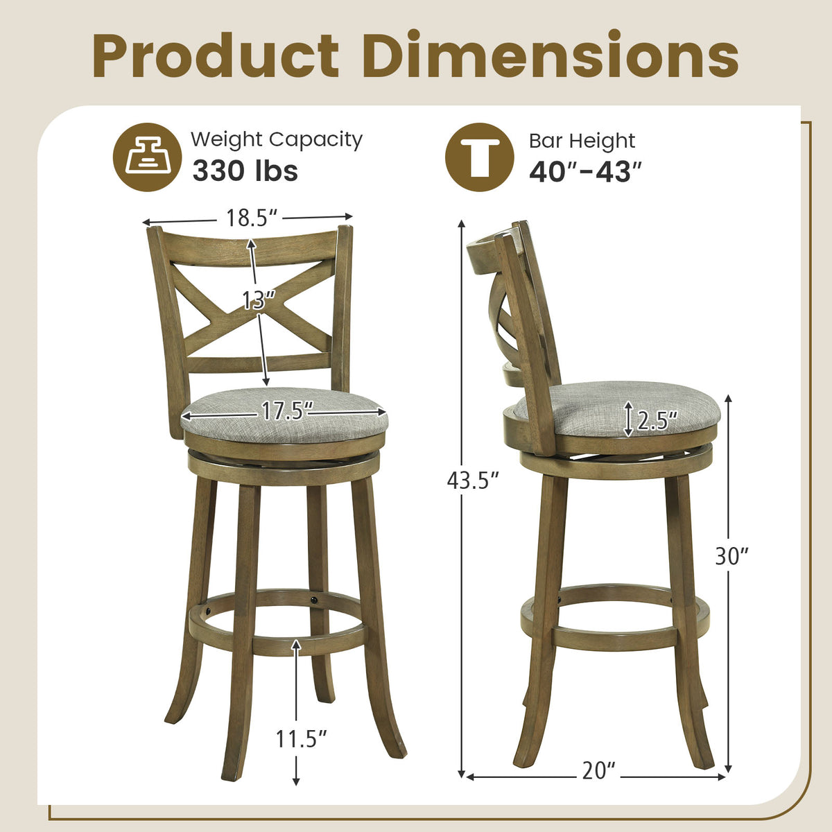 Swivel Bar Stools Set of 2 with Backrests and Wood Frame-25/Frame-30 inches
