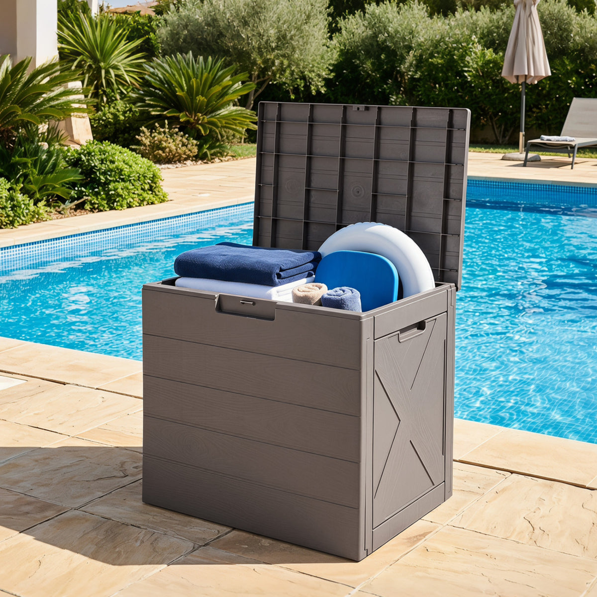 Storage Bin with Lid Carry Handles and Lock Hole for Patio Furniture Accessories