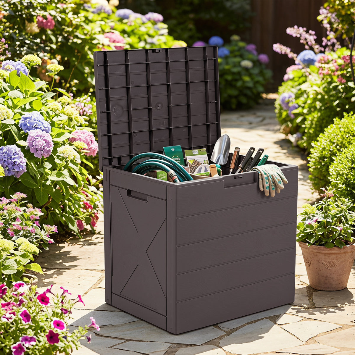 Storage Bin with Lid Carry Handles and Lock Hole for Patio Furniture Accessories