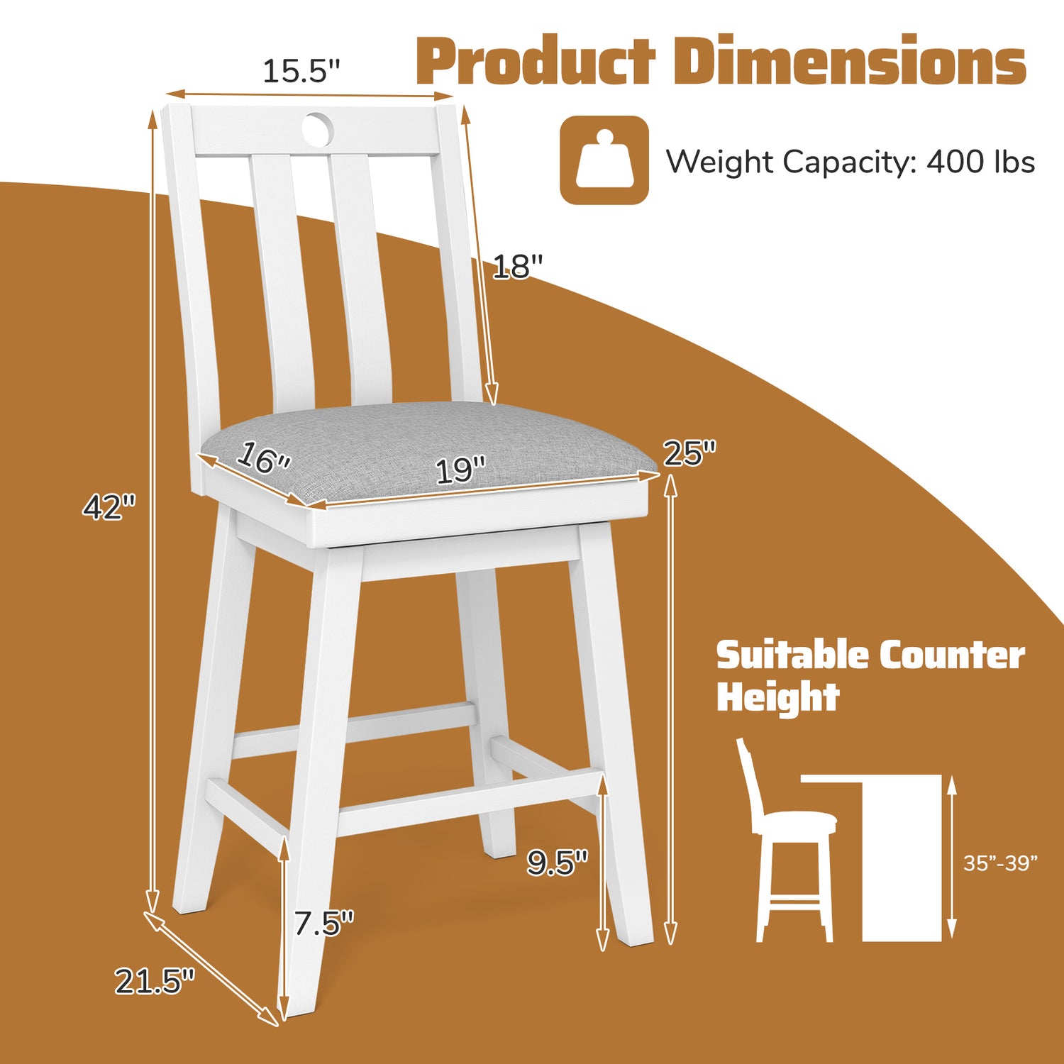 25 Inch Modern Bar Stools Set of 2 with Upholstered and 360° Rotation Seat-White