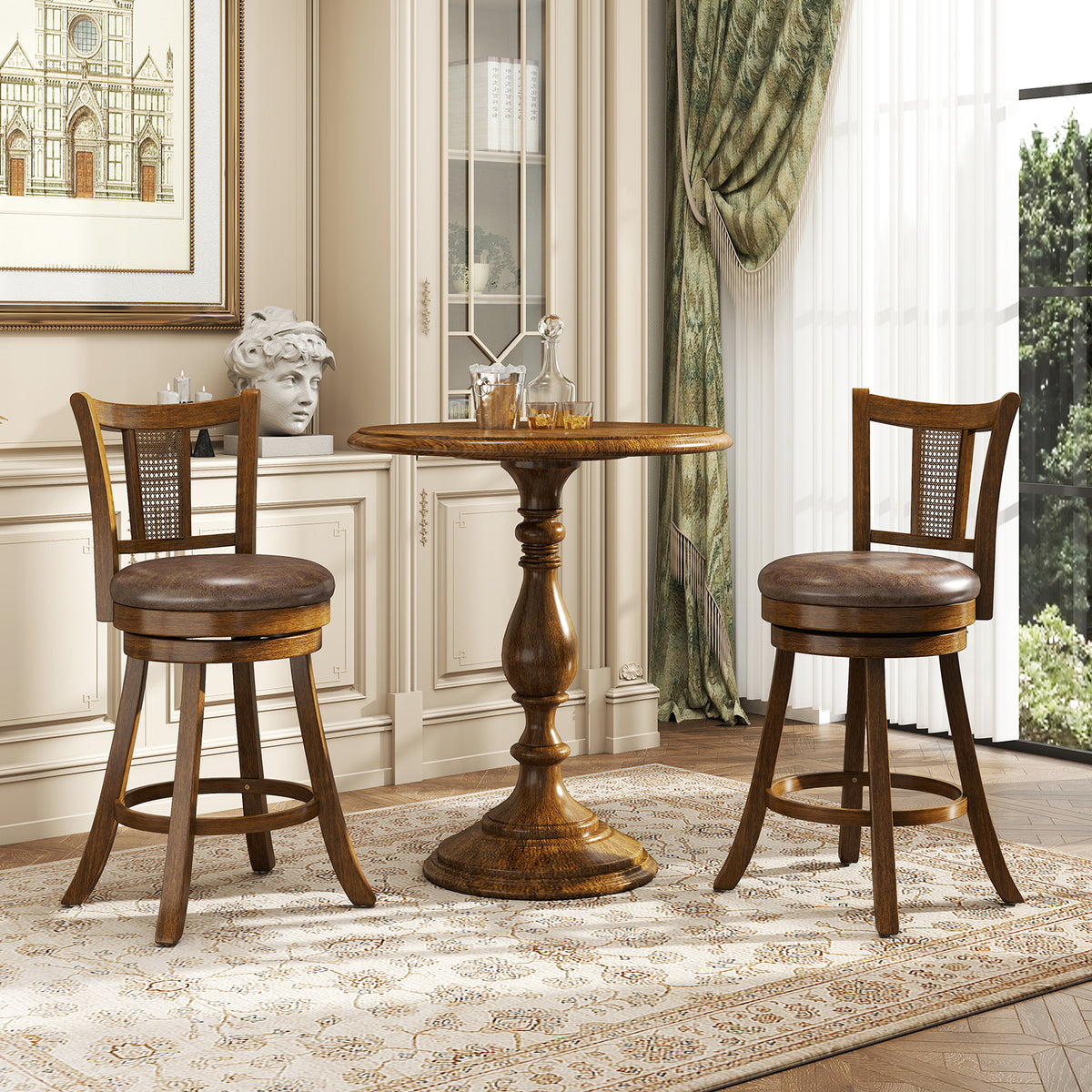 25/30 Inch Set of 2 Bar Stools with PE Rattan Backrest and Rubber Wood Frame