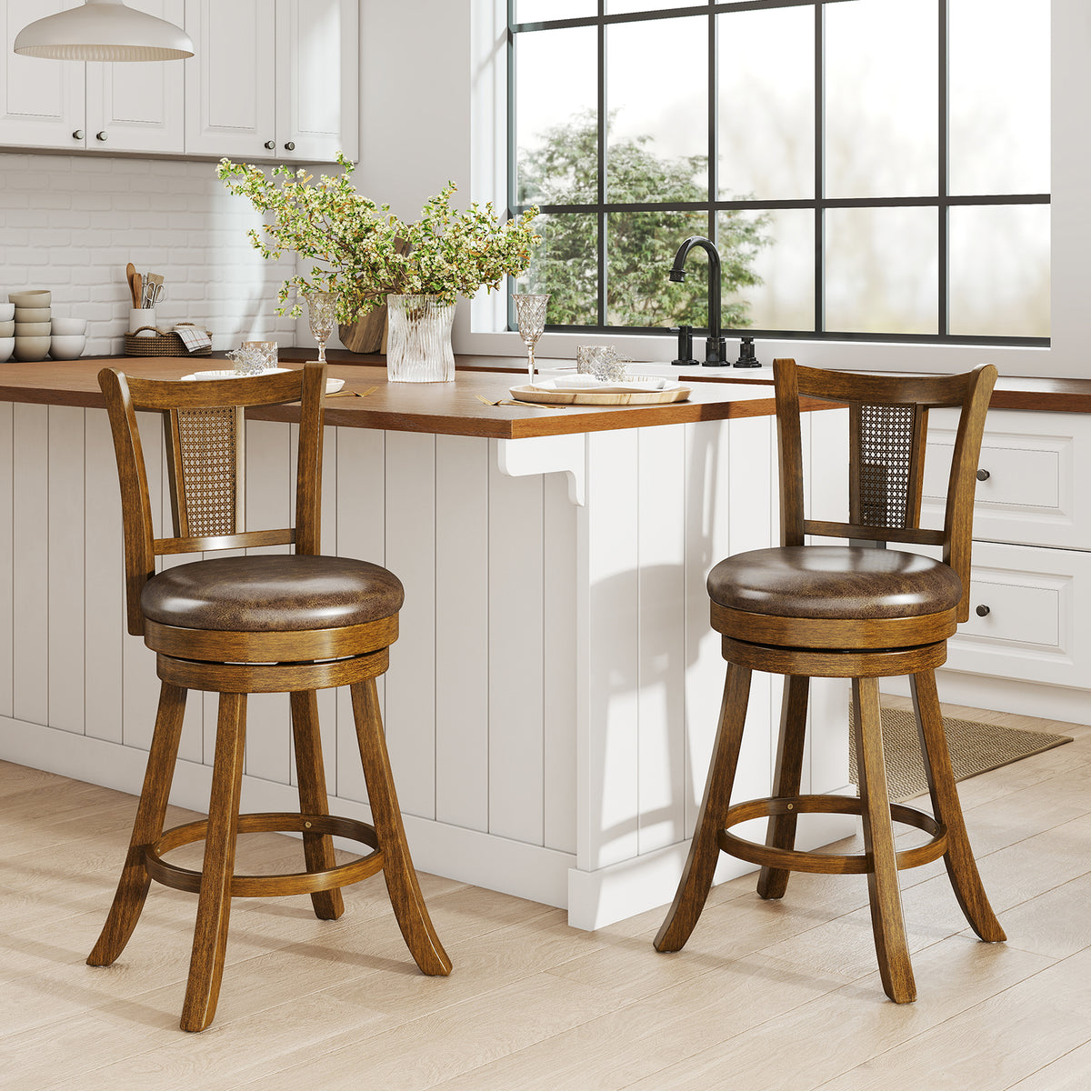 25/30 Inch Set of 2 Bar Stools with PE Rattan Backrest and Rubber Wood Frame