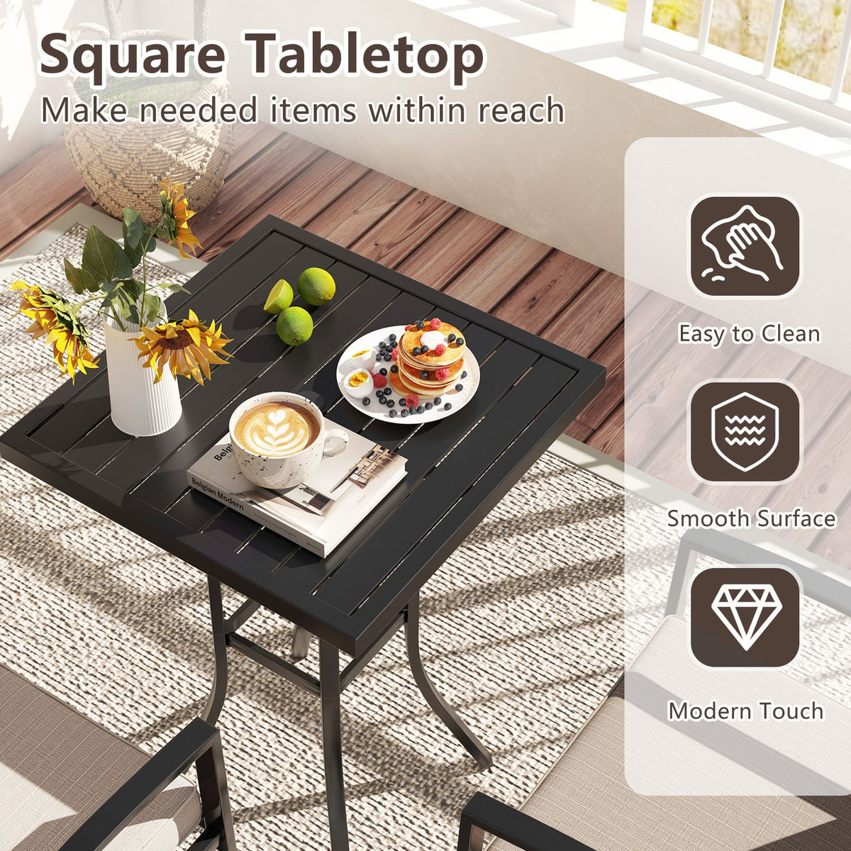 25" Square Patio Dining Table with 1.57" Umbrella Hole Metal Frame for Patio-Black