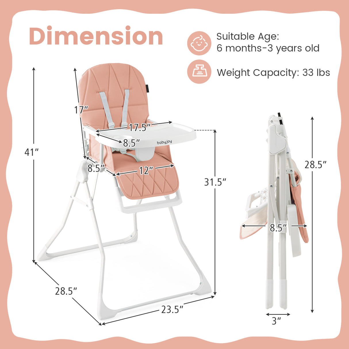 Easy Clean Compact Highchair with Removable Adjustable Tray and PU Seat Cushion