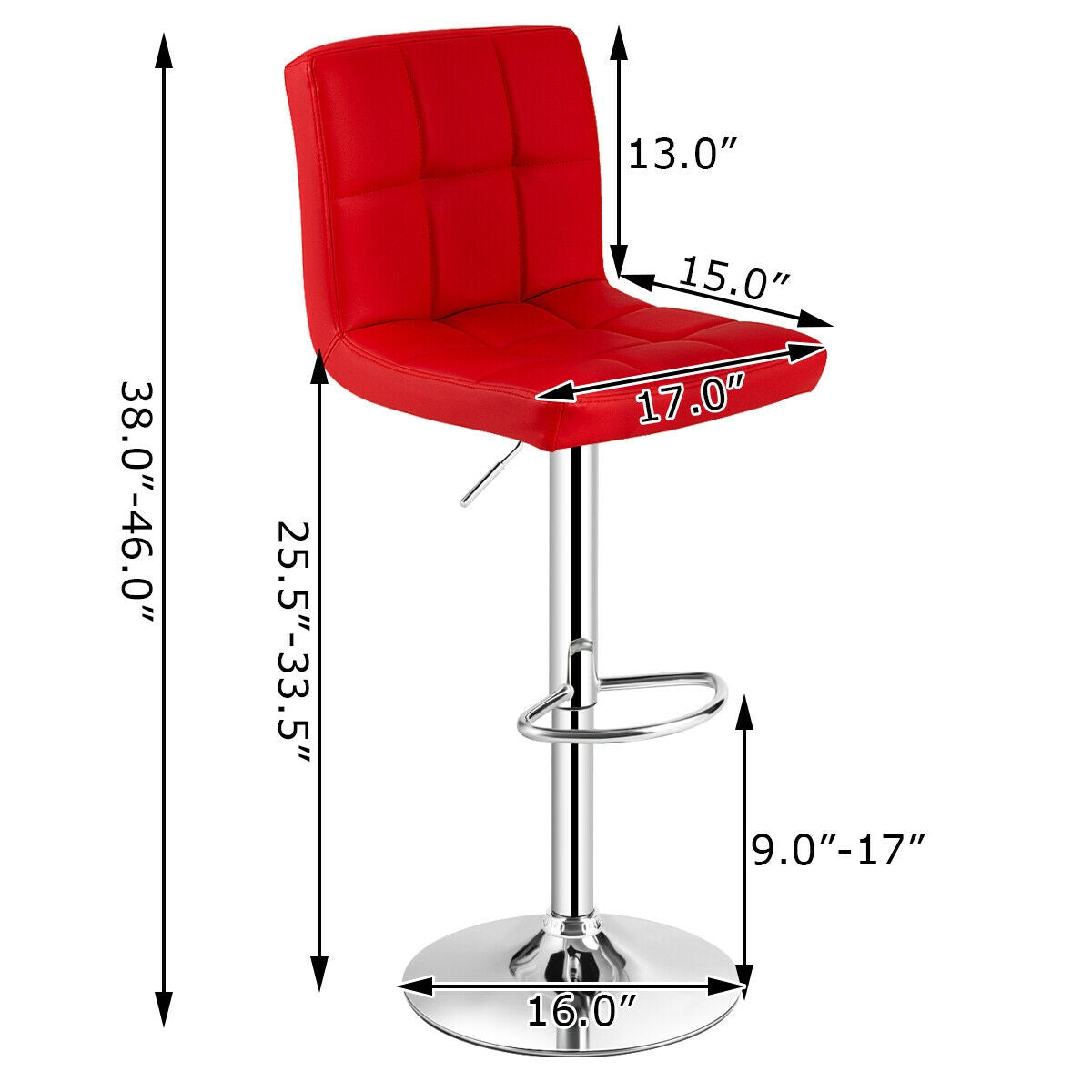 Set of 2 Square Swivel Adjustable PU Leather Bar Stools with Back and Footrest