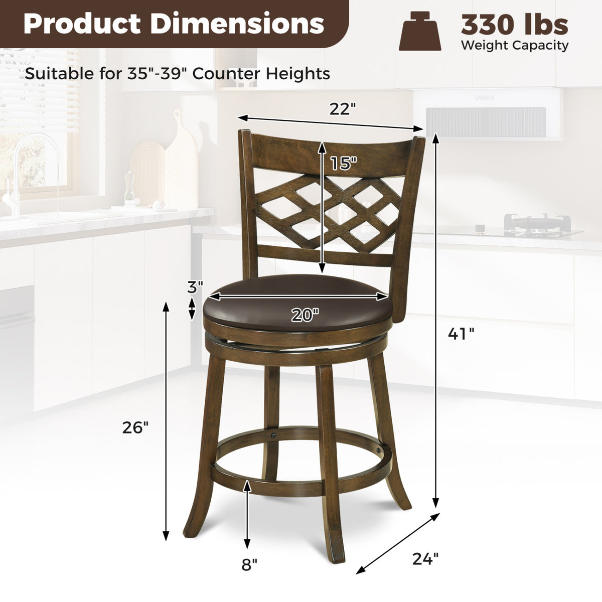 Counter Height Bar Stools Set of 2 with Rubber Wood Frame-26/Frame-31 Inch