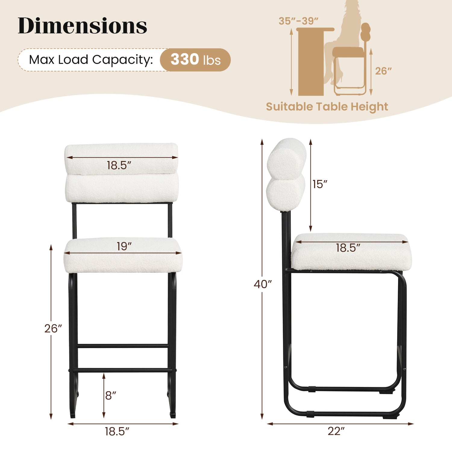 26 Inch Counter Height Bar Stools Set of 2 with Metal Frame and Footrest