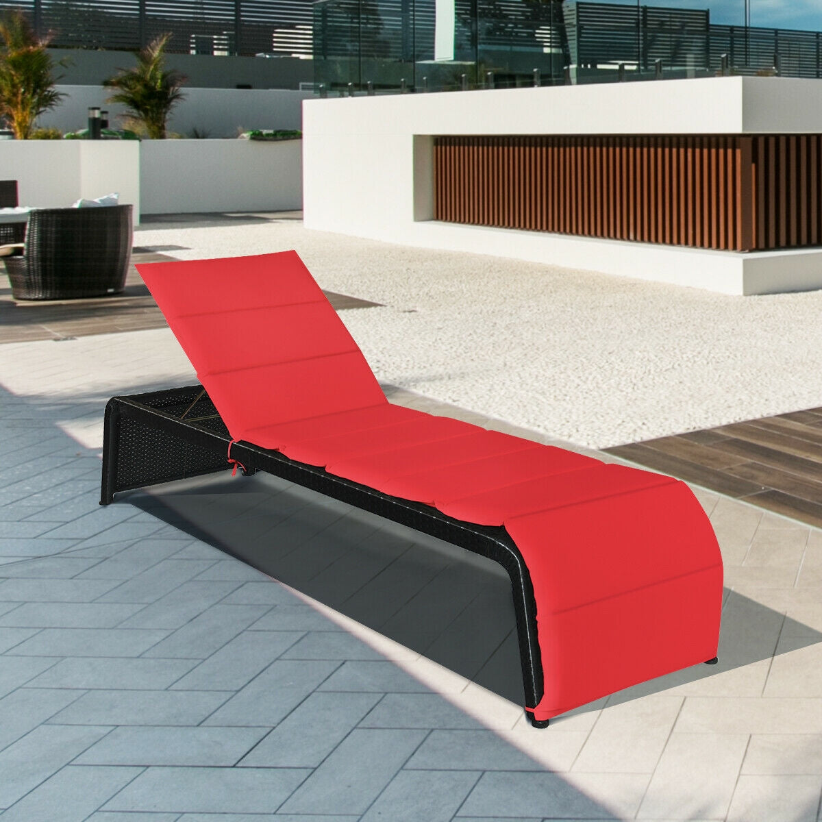 Patio Rattan Lounge Chair Back Adjustable Chaise Recliner  with Cushioned
