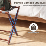 27" Bamboo Luggage Rack Set of 2 with 5 Nylon Straps and Compartments for Hotel-Walnut & Gray