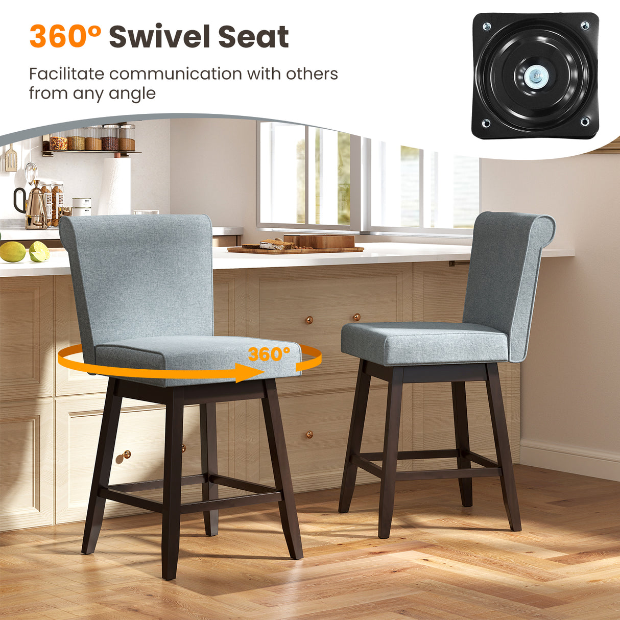 27 Inch Counter Height Bar Chairs with Rubber Wood Legs Set of 2