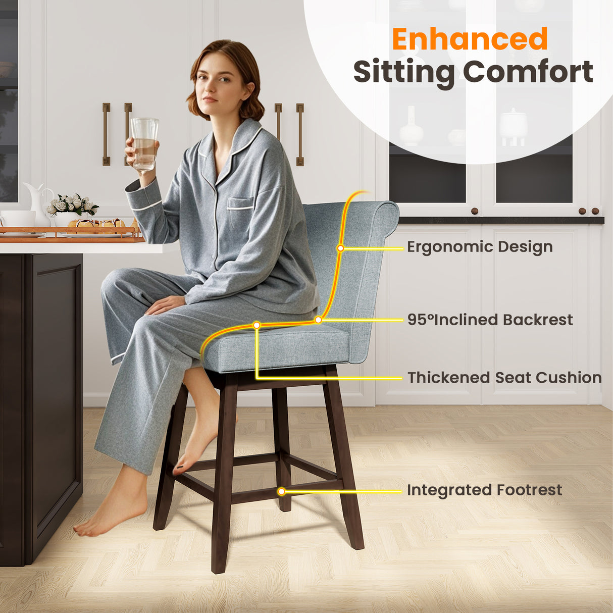 27 Inch Counter Height Bar Chairs with Rubber Wood Legs Set of 2
