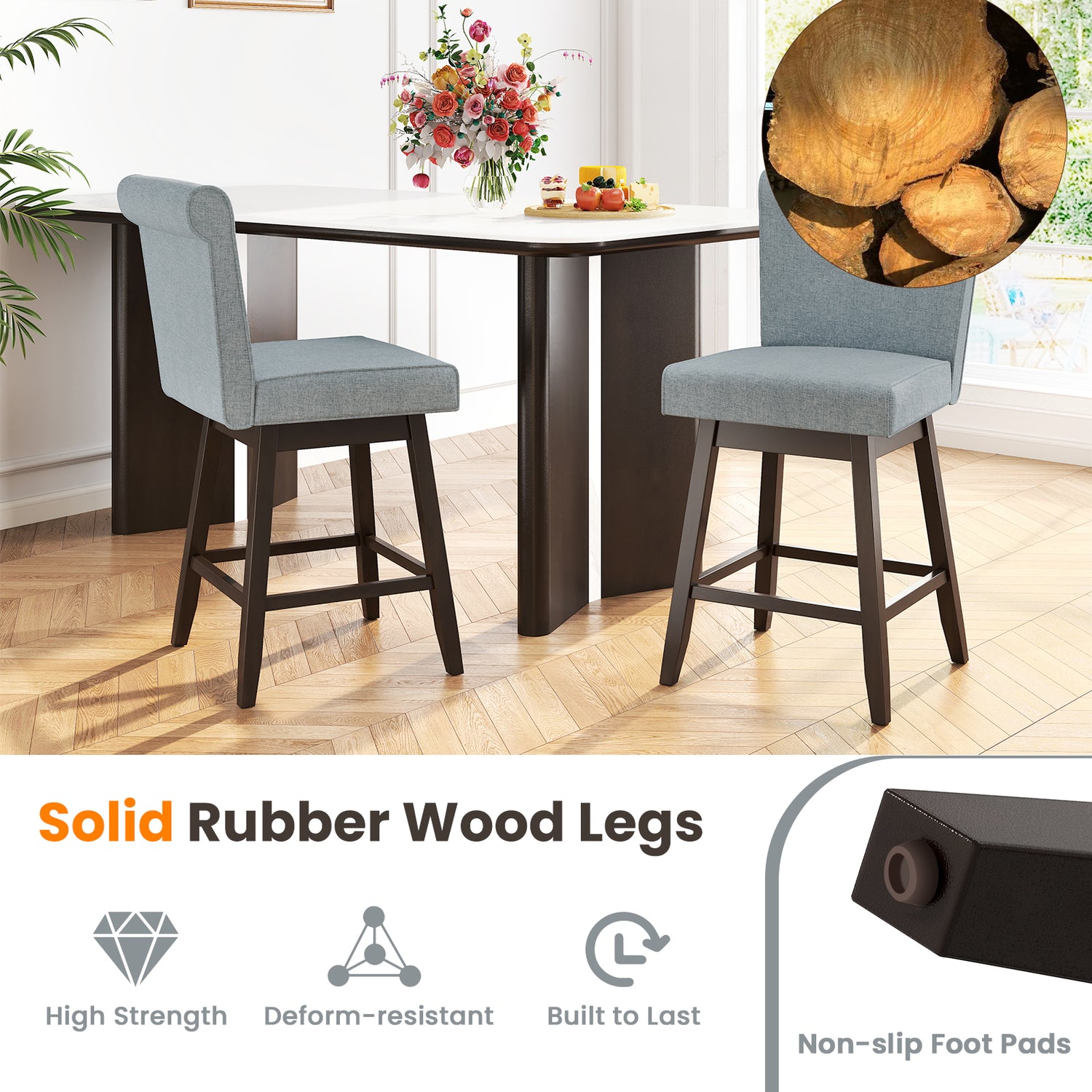 27 Inch Counter Height Bar Chairs with Rubber Wood Legs Set of 2
