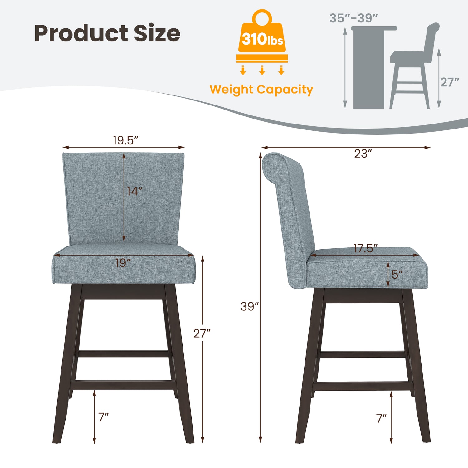 27 Inch Counter Height Bar Chairs with Rubber Wood Legs Set of 2