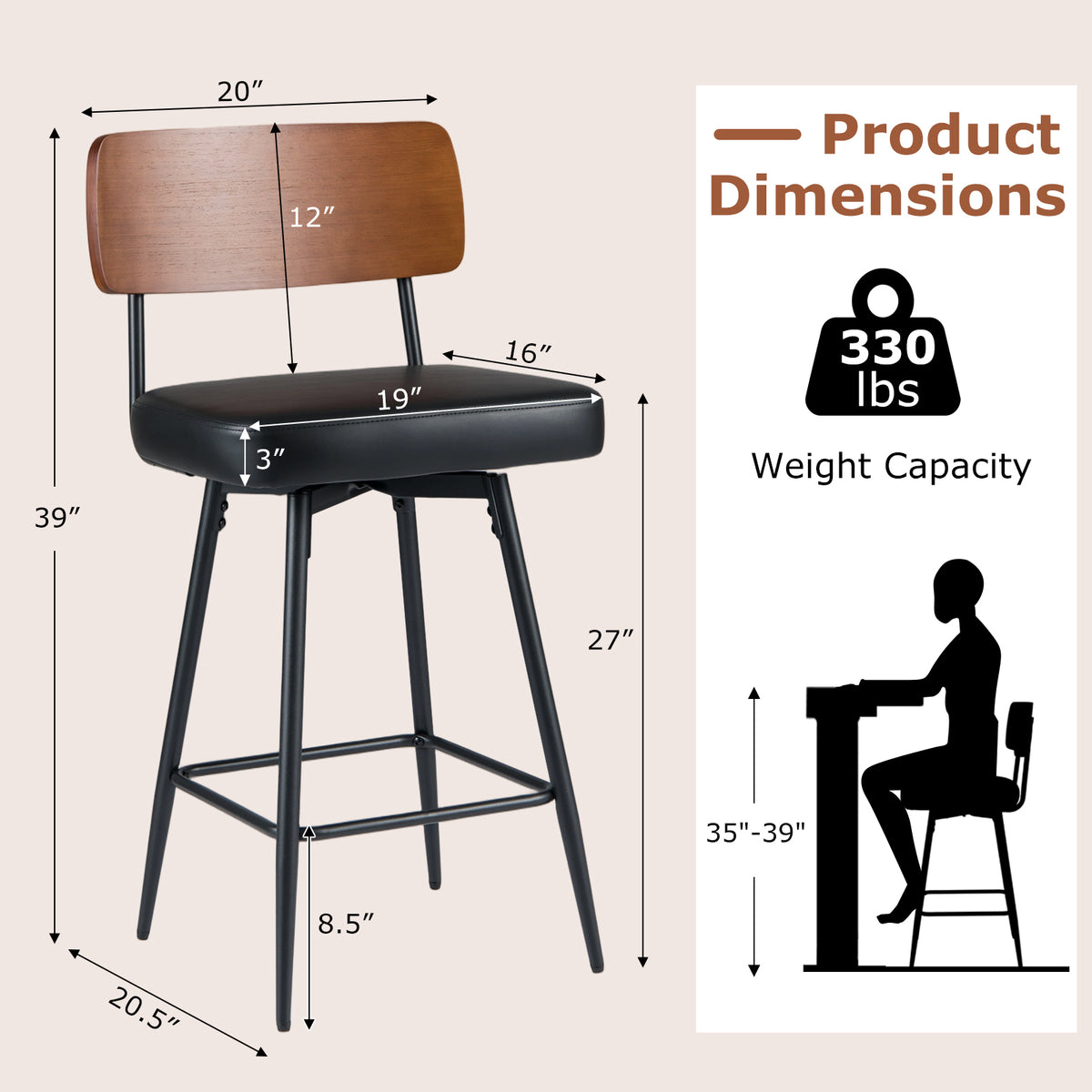 Padded Counter Barstools Set of 2 with Metal Legs