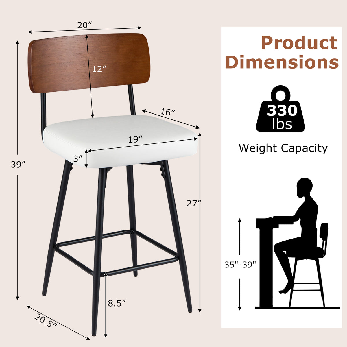 Padded Counter Barstools Set of 2 with Metal Legs