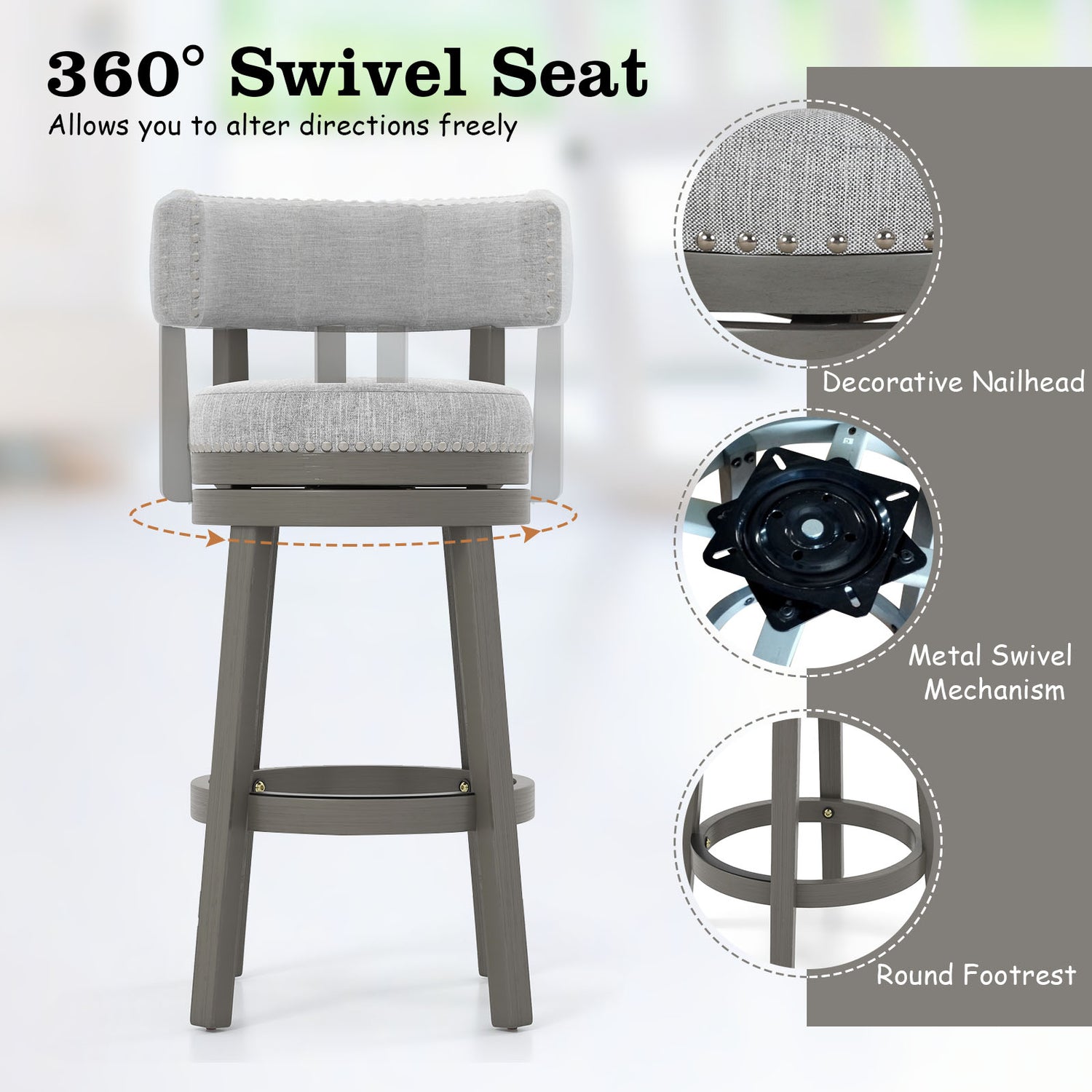 27/31 Inch Swivel Bar Stool with Upholstered Back Seat and Footrest-27 inches
