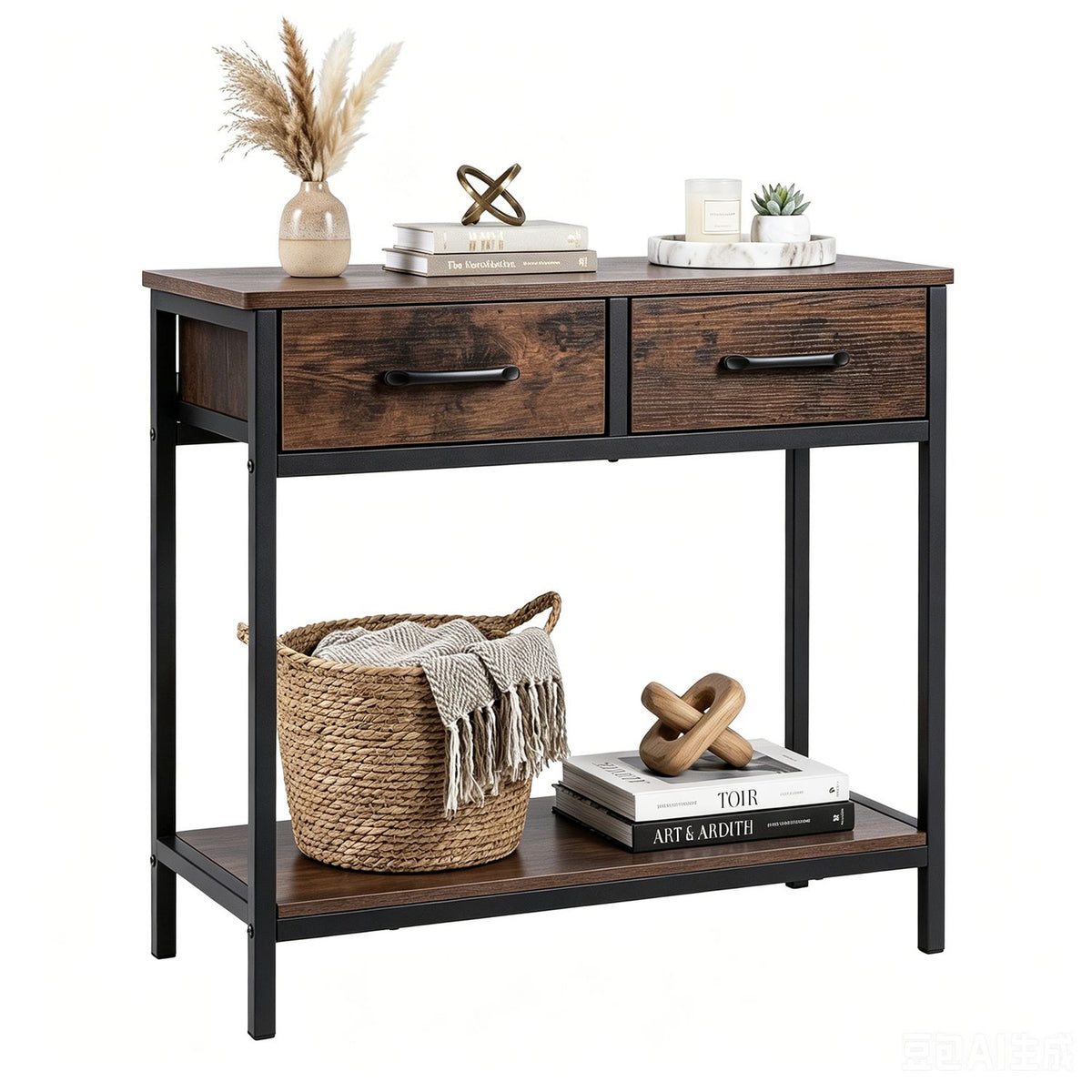 29.5â Narrow Console Table with 2 Fabric Drawers and Open Compartment
