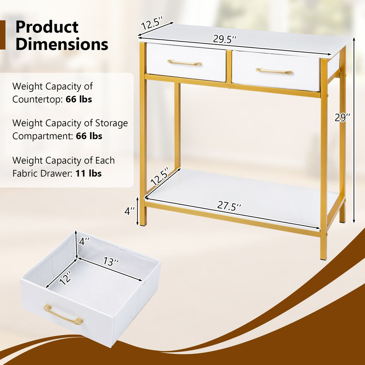 29.5â Narrow Console Table with 2 Fabric Drawers and Open Compartment