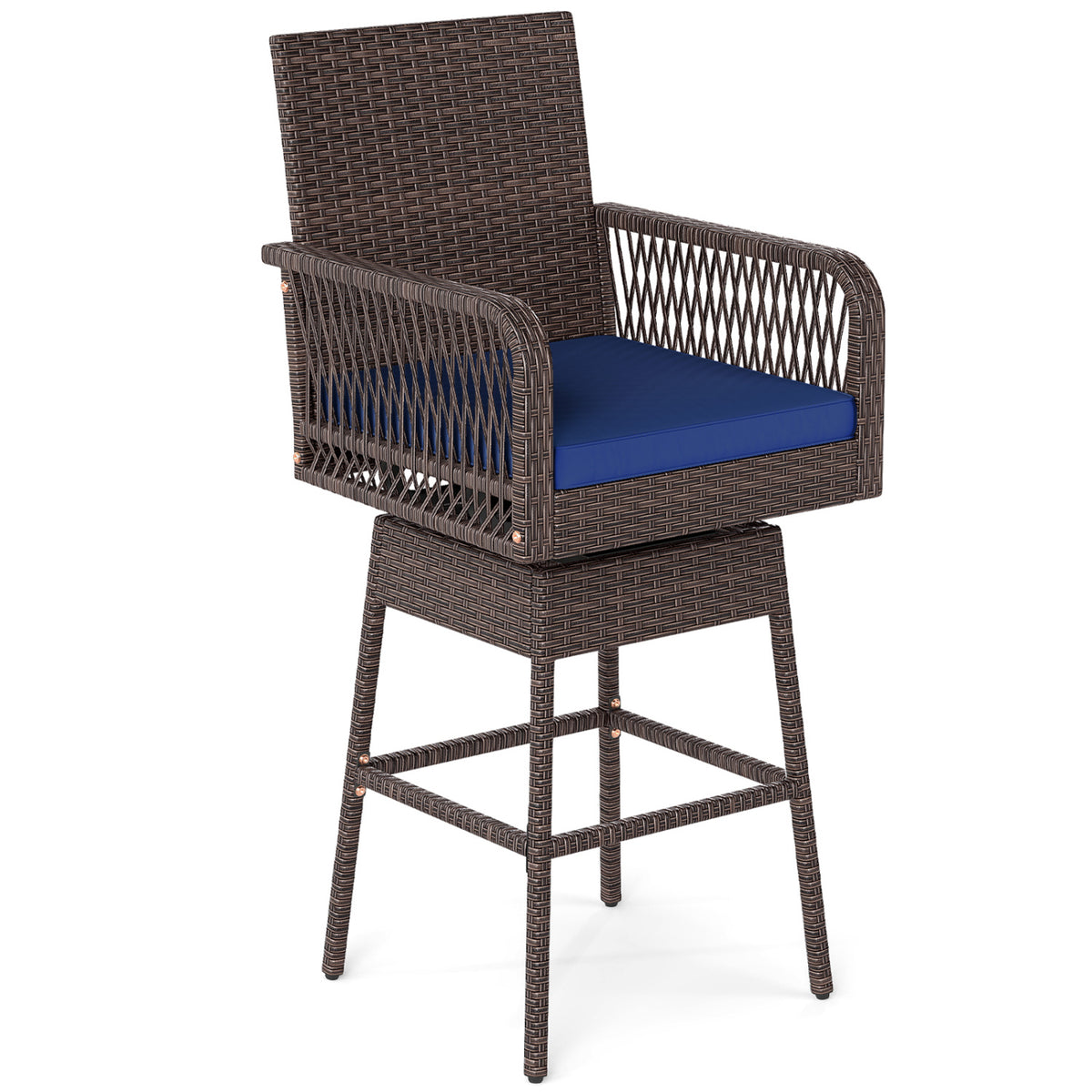 29â Bar Height Patio 360Â° Swivel Bar Stool with Cross-Woven Armrests Footrest and Seat Cushion