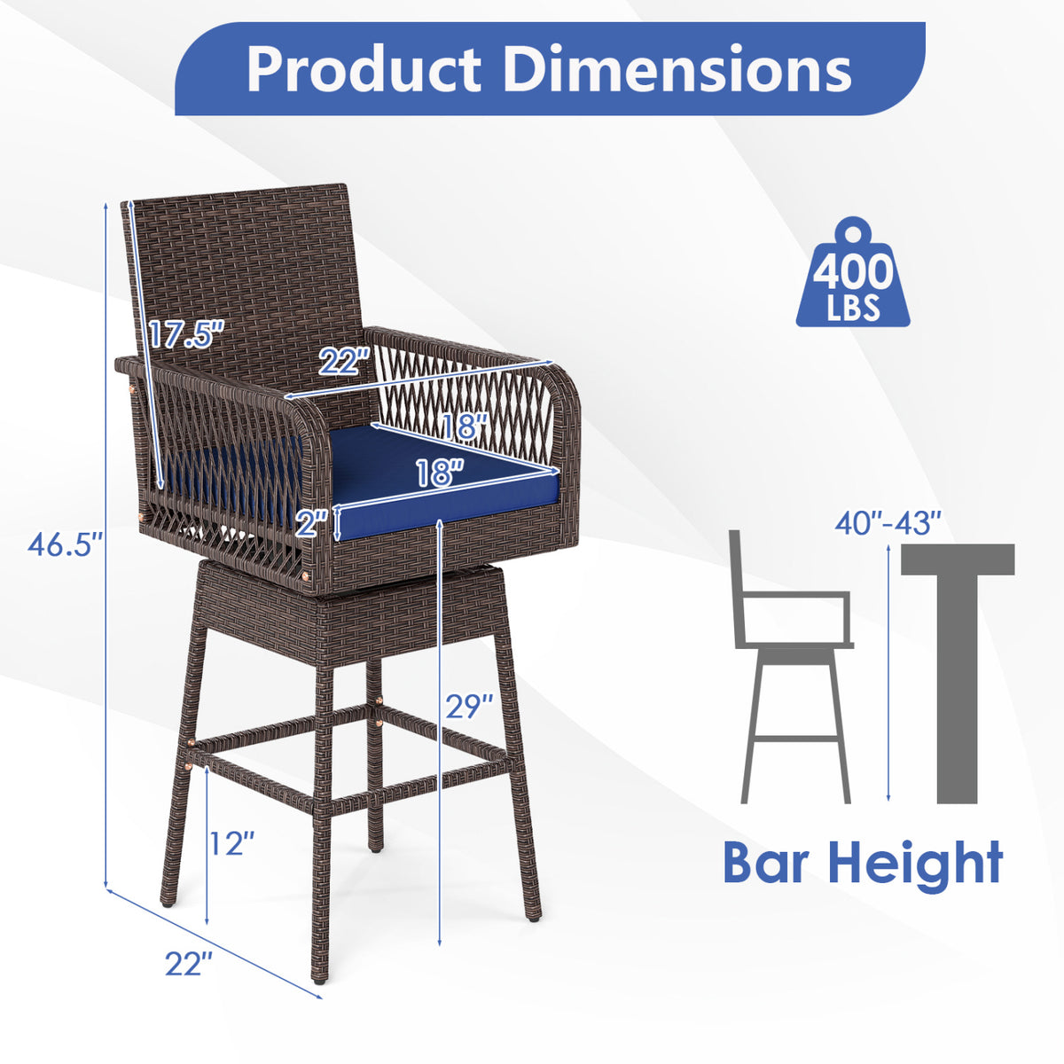 29â Bar Height Patio 360Â° Swivel Bar Stool with Cross-Woven Armrests Footrest and Seat Cushion
