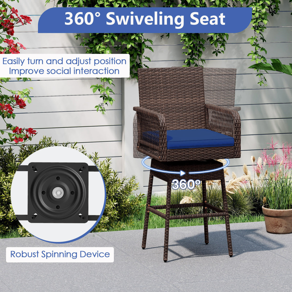 29â Bar Height Patio 360Â° Swivel Bar Stool with Cross-Woven Armrests Footrest and Seat Cushion