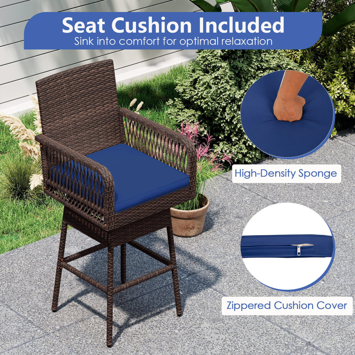 29â Bar Height Patio 360Â° Swivel Bar Stool with Cross-Woven Armrests Footrest and Seat Cushion